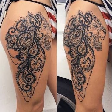 tatouage tout la cuissse motif Lion