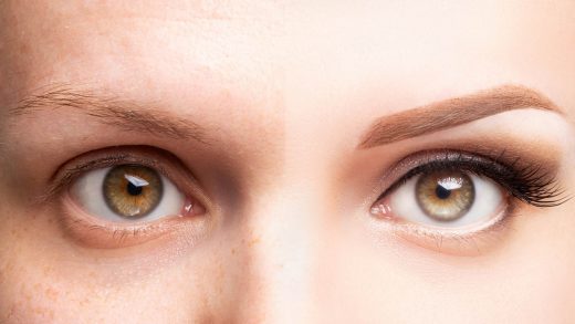 Yeux féminins avant et après beau maquillage, extension de cils, doublur de sourcils, microblading, procédure de cosmétologie retouche