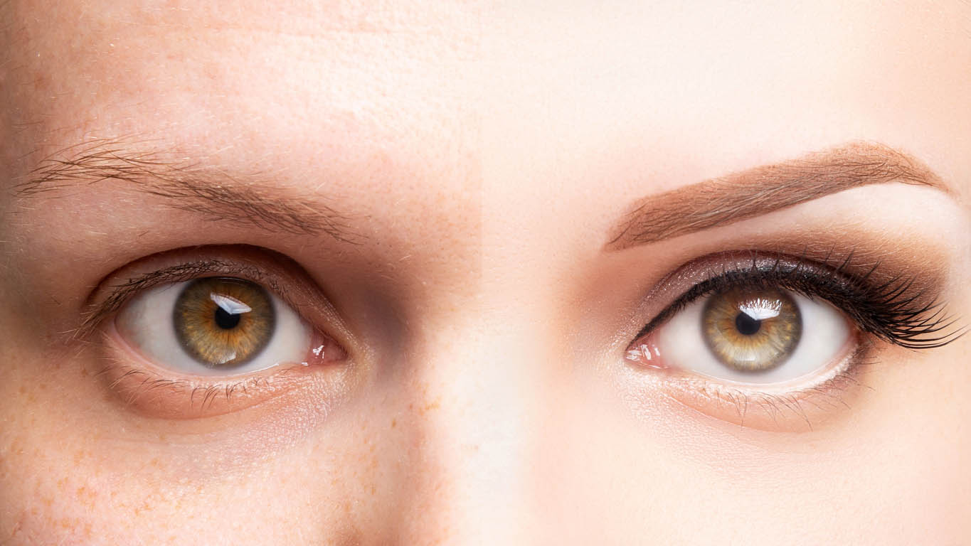 Yeux féminins avant et après beau maquillage, extension de cils, doublur de sourcils, microblading, procédure de cosmétologie retouche