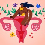 Illustration d'une femme assise sur l’utérus avec des fleurs