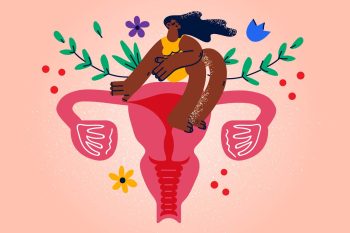 Illustration d'une femme assise sur l’utérus avec des fleurs