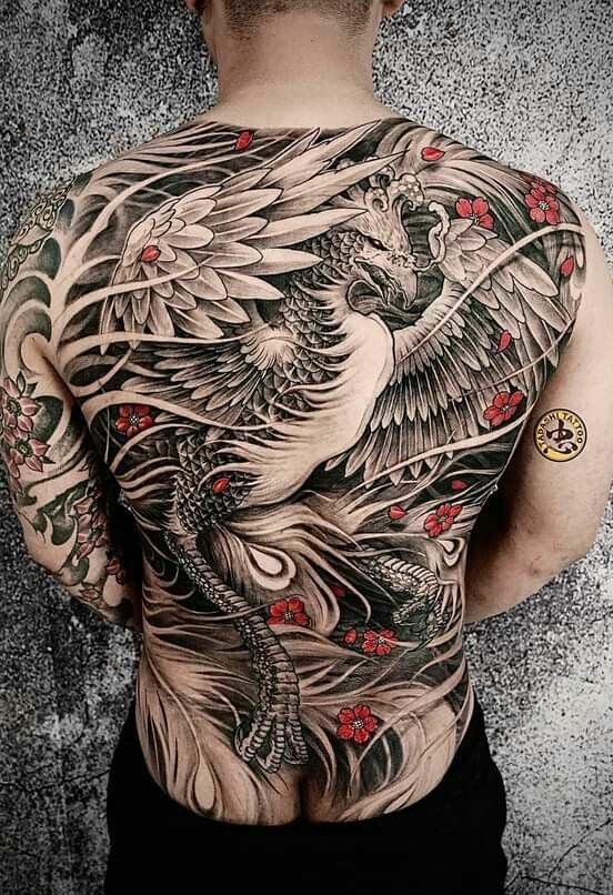Tatouage Phoenix & Fleurs Rouges Sur Le Dos