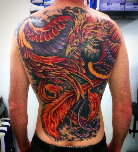 Tatouage Phoenix Rouge & Violet Sur Le Dos