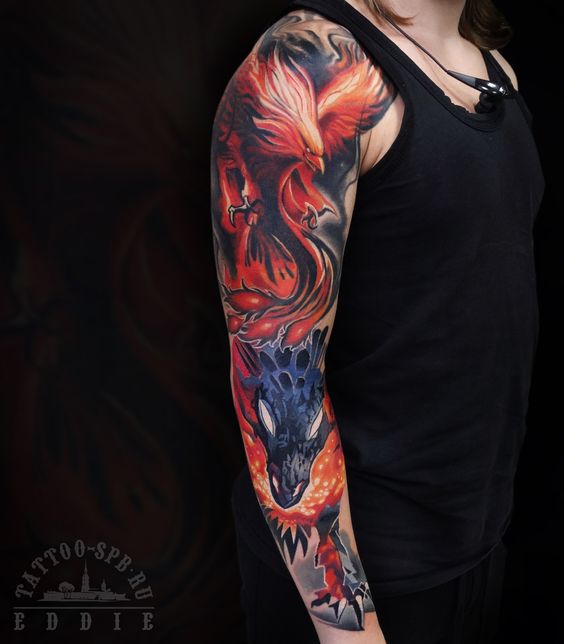 Tatouage Phoenix & Dragon Sur Le Bras