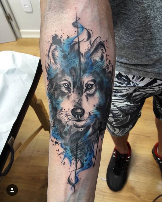 Tatouage Loup Graphique Et Aquarelle Bleue Sur L’avant Bras