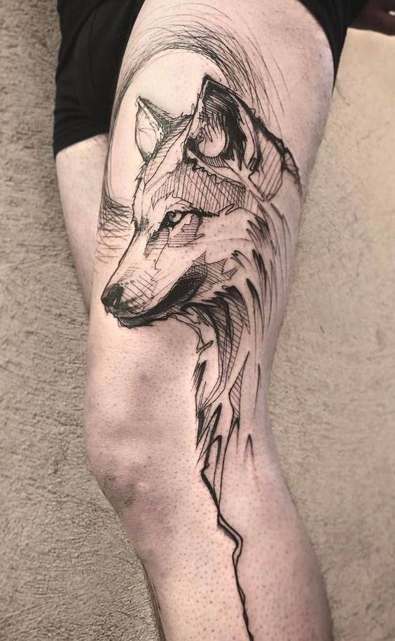 Tatouage Esquisse De Loup Sur La Cuisse