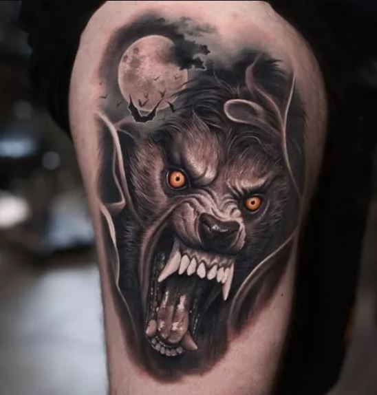 Tatouage Loup & Chauve Souris Sur La Cuisse