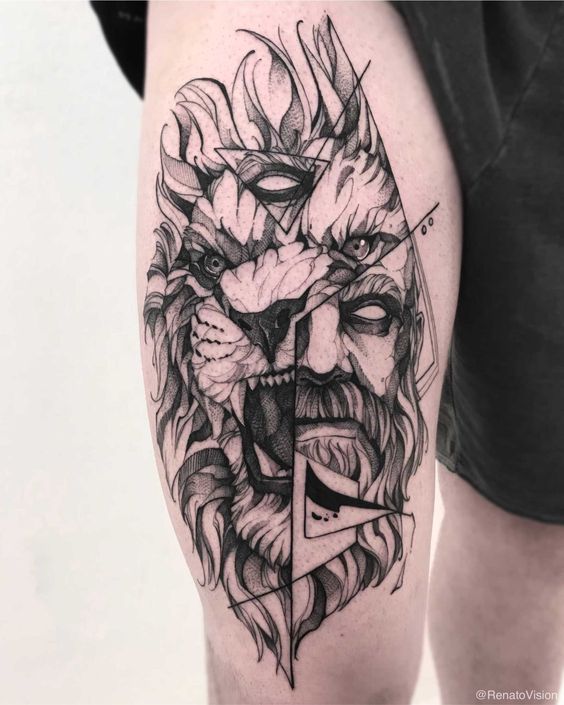 Tatouage Lion & Visage Sur La Cuisse