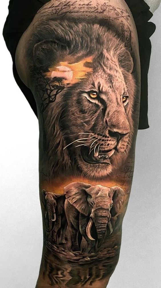 Tatouage Lion & éléphants Sur La Cuisse