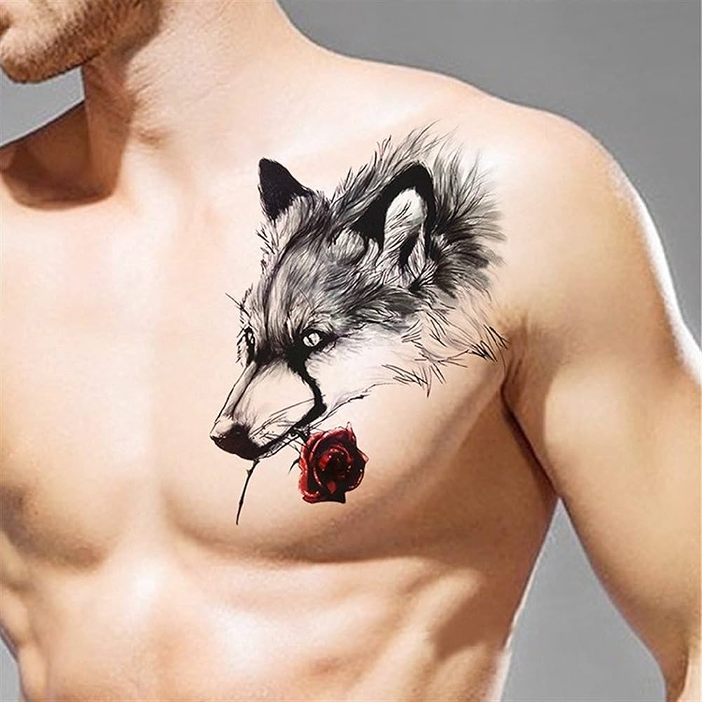 Tatouage Loup Et Rose Sur Le Torse
