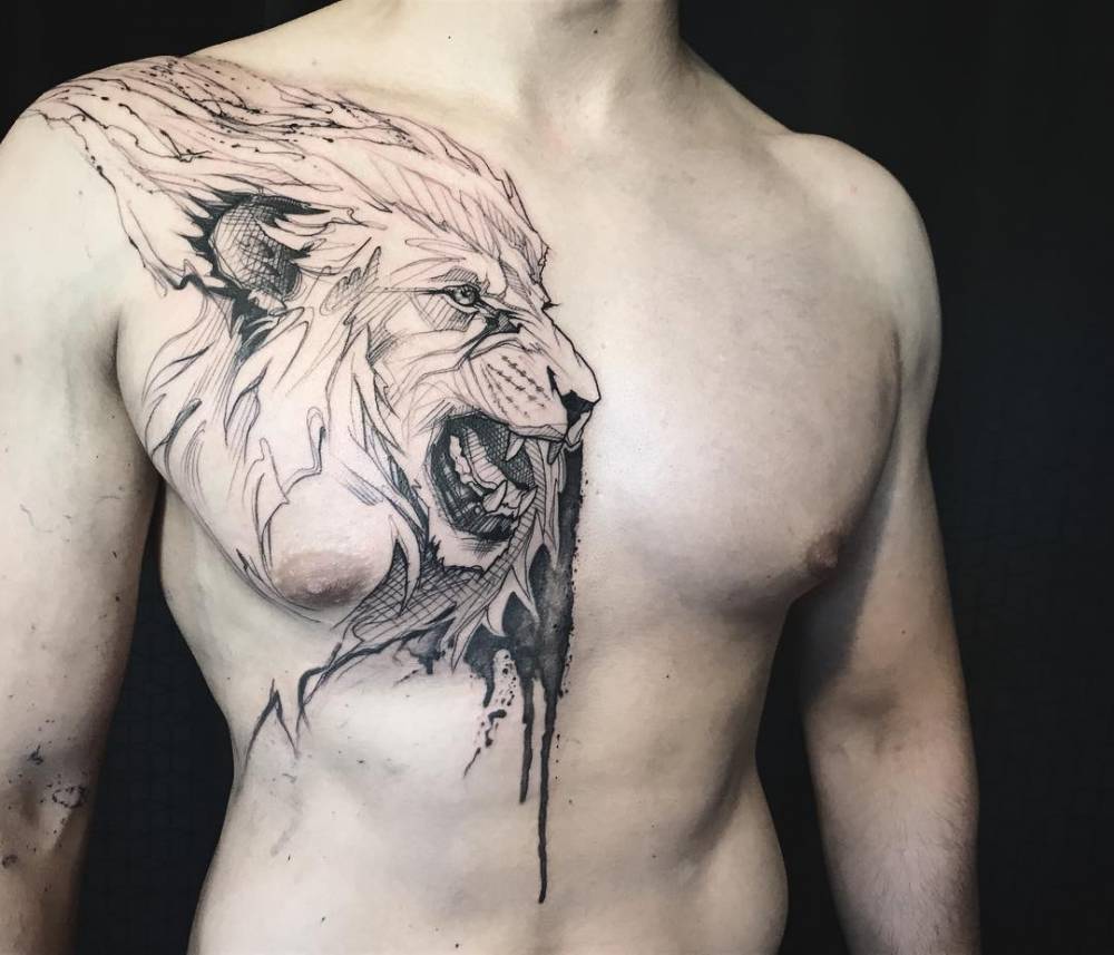 Tatouage Lion Graphique Sur Le Torse
