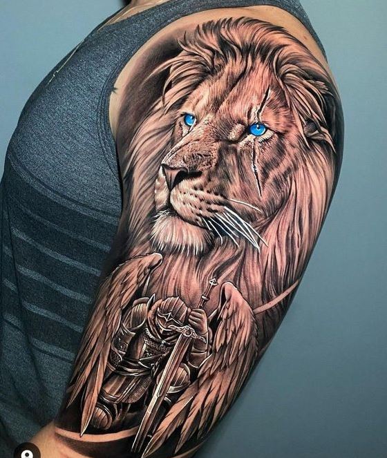 Tatouage Tête De Lion & Chevalier Ailé Sur Le Bras