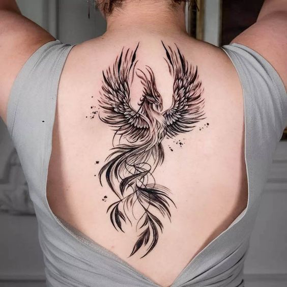 Tatouage Phœnix En Lignes Fines Sur Le Dos