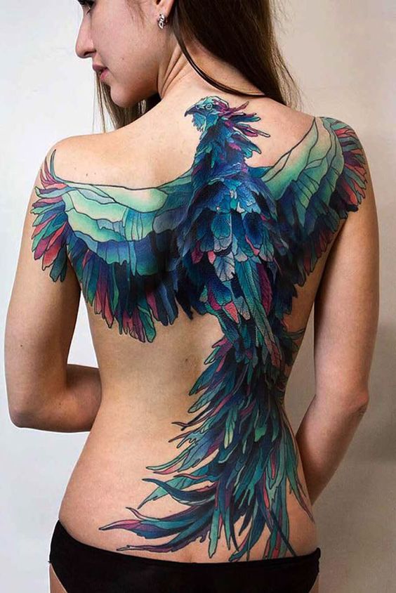 Tatouage Phœnix Graphique Bleu Et Rouge Sur Le Dos