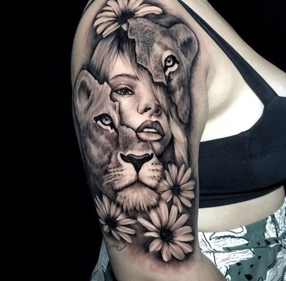 Tatouage Lionne & Visage Sur Le Bras