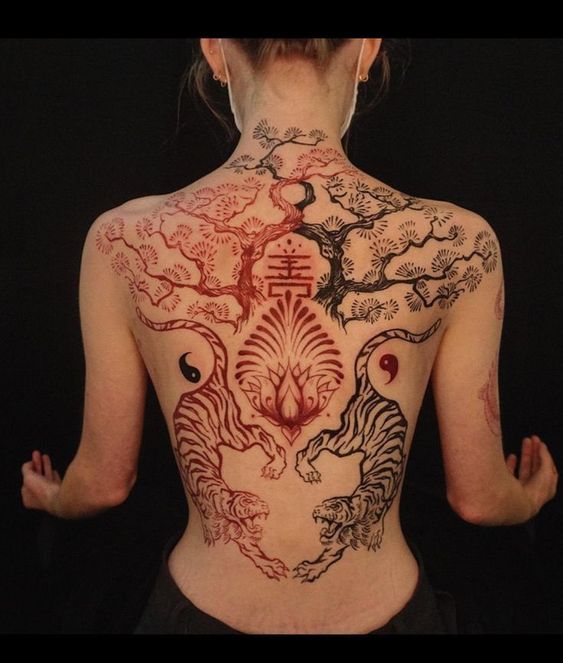 Tatouage Deux Tigres à L'encre Rouge Et Noir