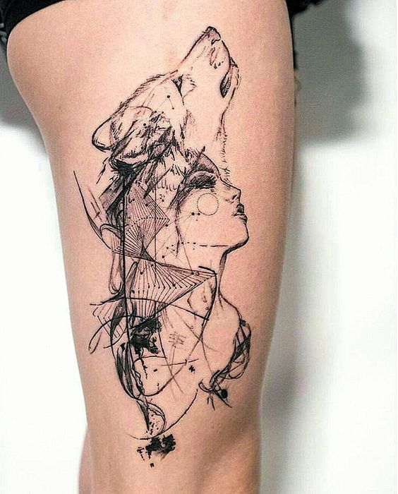 Tatouage Esquisse De Loup Et Femme Sur La Cuisse