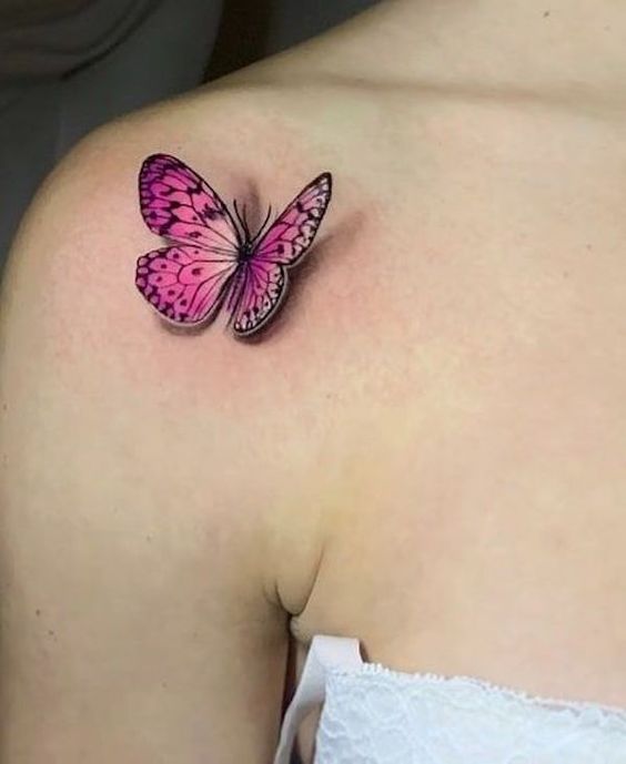 Tatouage Papillon Rose 3d Sur L’omoplate 