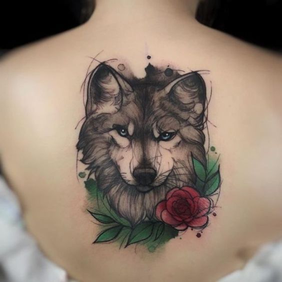 Tatouage Loup & Fleur Rouge