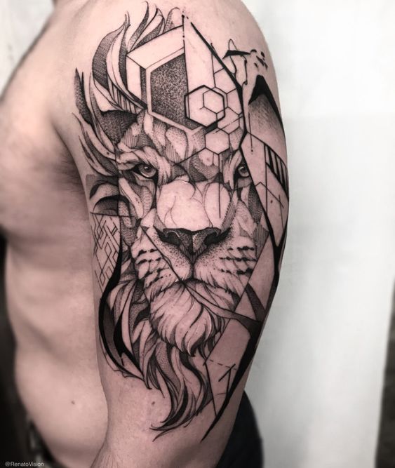Tatouage Tête De Lion Géométrique
