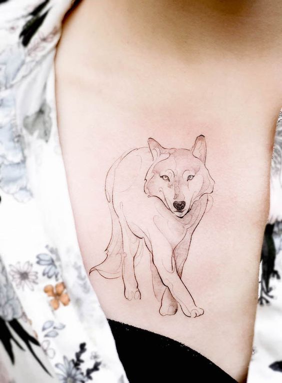 Tatouage Loup En Ligne Fine Sur Les Côtes