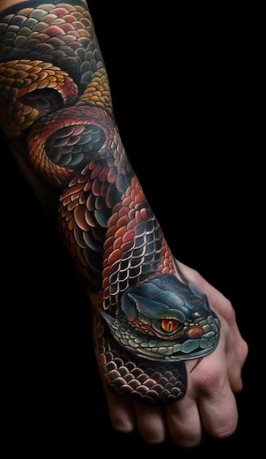 Tatouage Serpent Multicolore Sur L'avant Bras