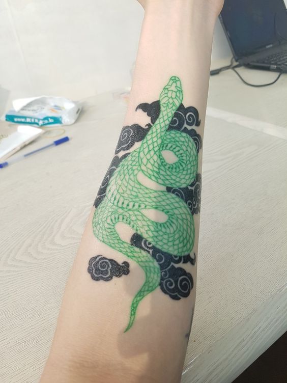 Tatouage Serpent Vert Et Nuages Noires Sur L'avant Bras