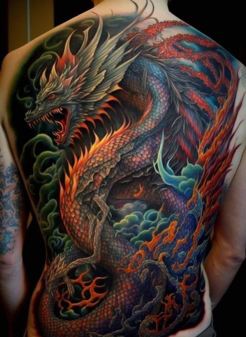 Tatouage Dragon Multicolore Sur Le Dos
