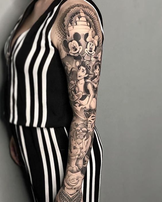 Tatouage Mickey, Aladin Et La Bête Sur Le Bras