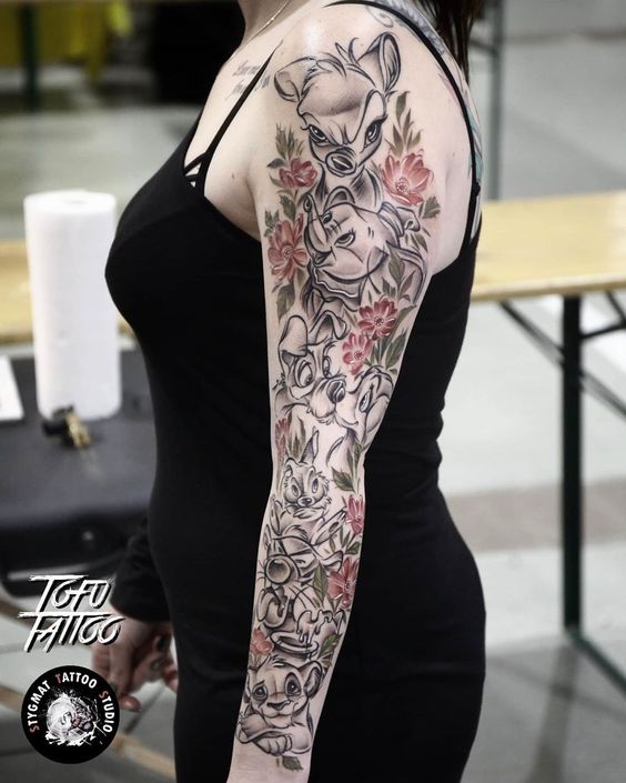 Tatouage Bambi, Dumbo, Le Clochard Et Tigrou Sur Le Bras