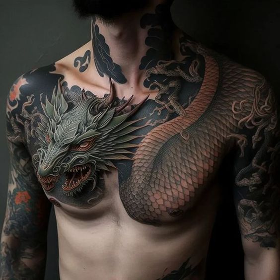 Tatouage Dragon Vert 3d Et Nuages Noir Sur Le Torse