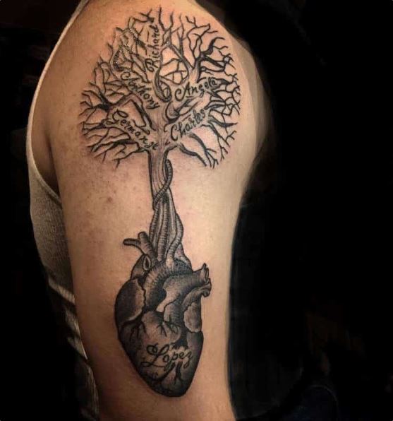 Tatouage Arbre De Vie Avec Prénoms Et Coeur Sur Le Bras
