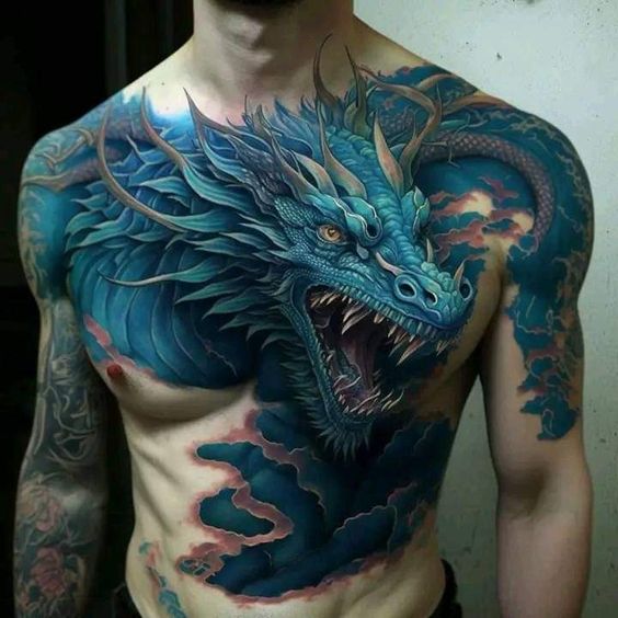 Tatouage Dragon Bleu 3d Sur Le Torse
