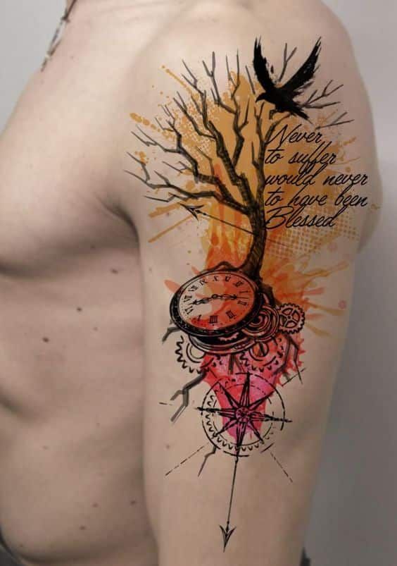 Tatouage Arbre De Vie, Phrase Inspirante Et Couleur Aquarelle Sur Le Bras