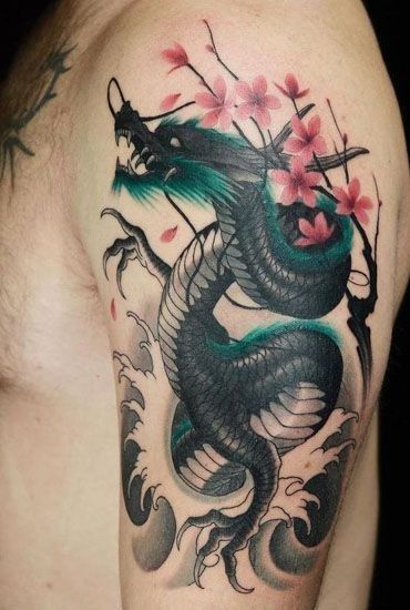 Tatouage Dragon Noir Et Mufliers Sur Le Bras