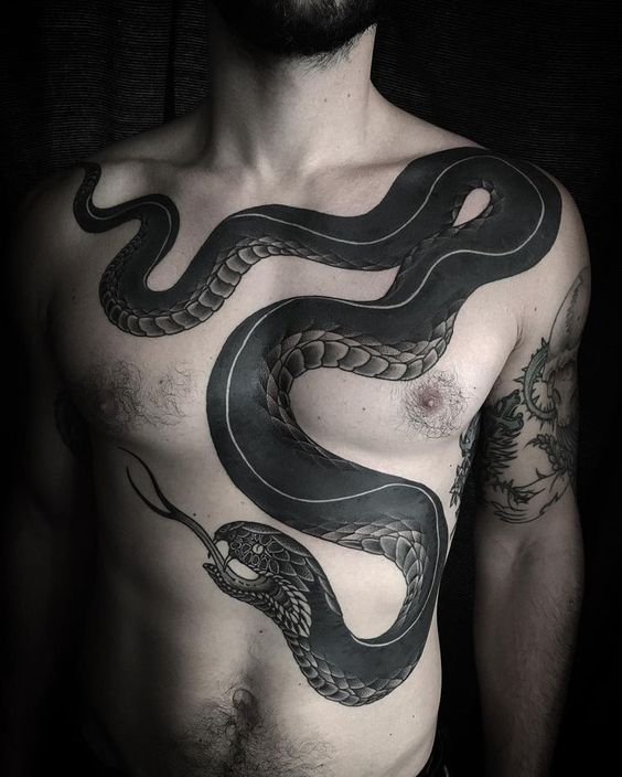 Tatouage Serpent Noir Sur Le Torse