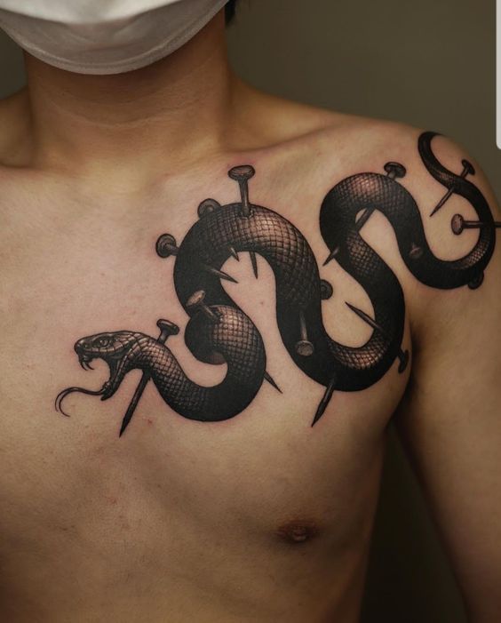 Tatouage Serpent Et Clous Sur Le Torse