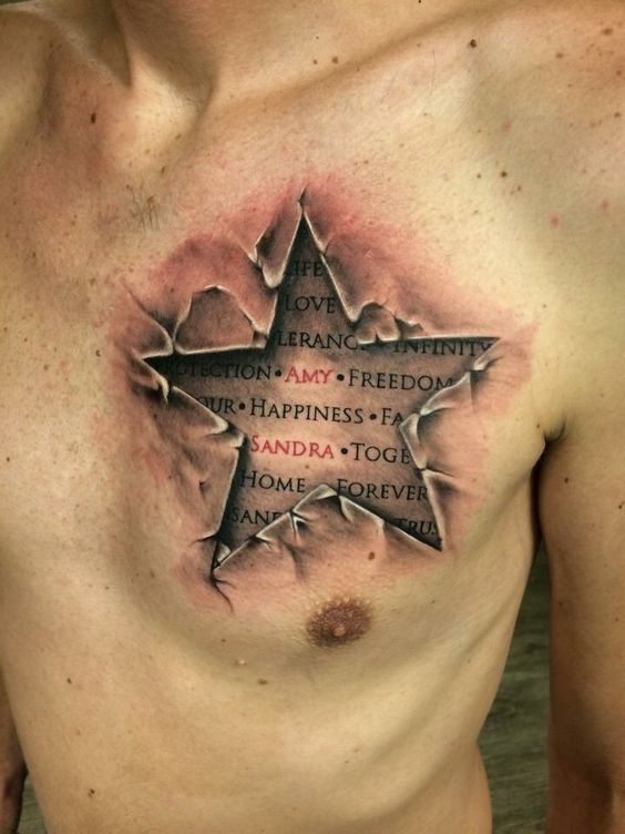 Tatouage étoile 3d Avec Mots Et Prénoms Sur Le Torse