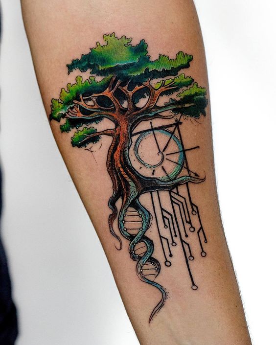 Tatouage Arbre De Vie Coloré Et Figures Géométriques Sur L'avant Bras