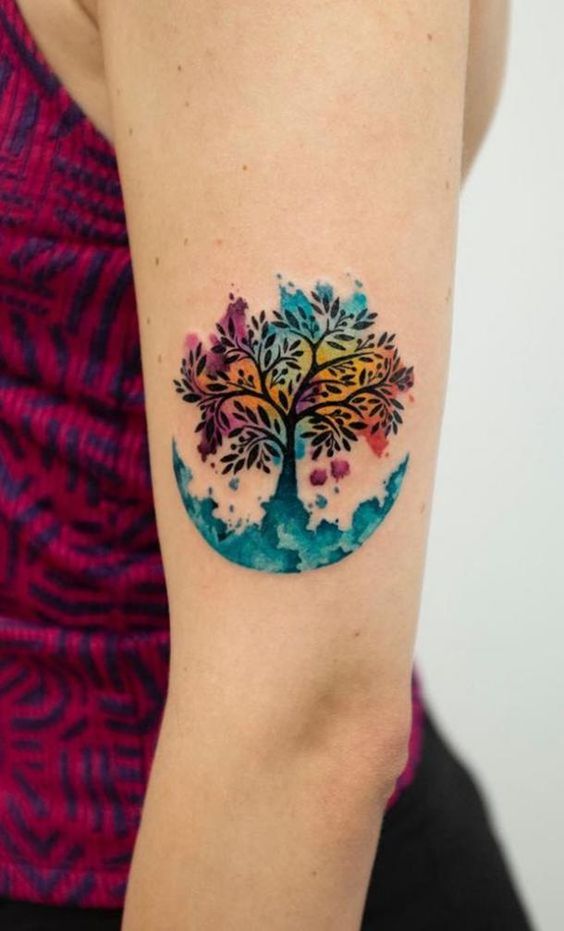 Tatouage Arbre De Vie Multicolore Sur Le Bras