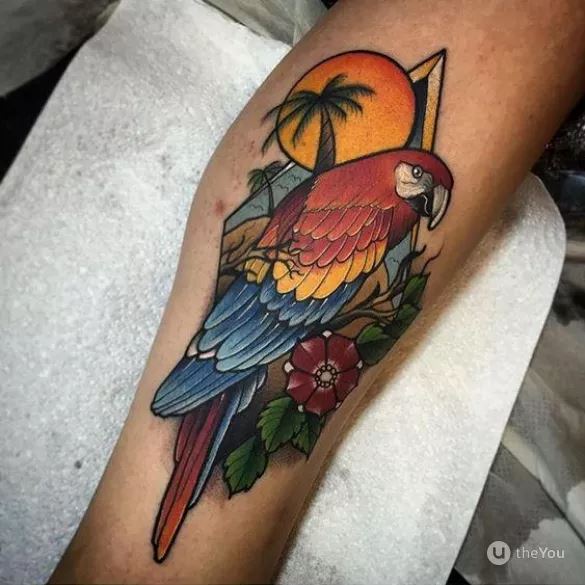 Tatouage Soleil, Palmiers Et Perroquet Sur La Jambe