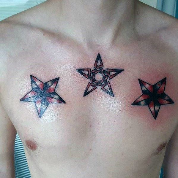 Tatouage Trois étoiles Rouges Et Noires Sur Le Torse