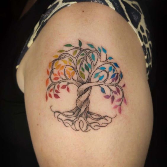 Tatouage Arbre De Vie Et Feuilles Multicolores Sur Le Bras