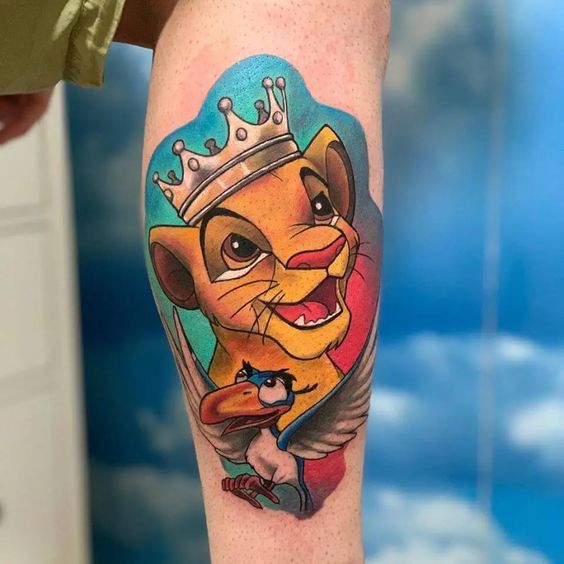Tatouage Simba Et Zazu Sur La Jambe