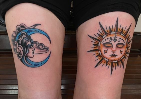 Tatouage Soleil Et Lune Old School Sur La Cuisse
