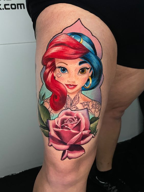 Tatouage Ariel Et Jasmine Sur La Cuisse