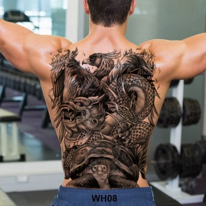 Tatouage Dragon, Phoenix, Tigre Et Tortue En Noir Et Gris Sur Le Dos