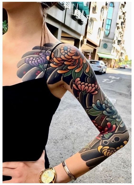 Tatouage Fleurs Multicolores Sur Les Bras