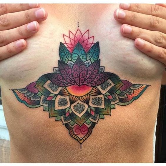 Tatouage Mandala Multicolore Sur Le Sternum