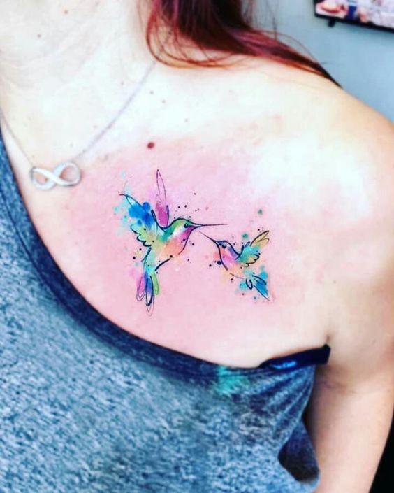 Tatouage Colibri En Aqurelle Multicolore Sur La Clavicule